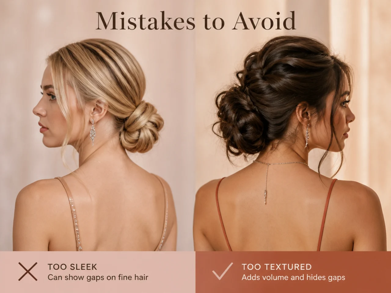 A sleek style showing gaps on fine hair beside a textured one