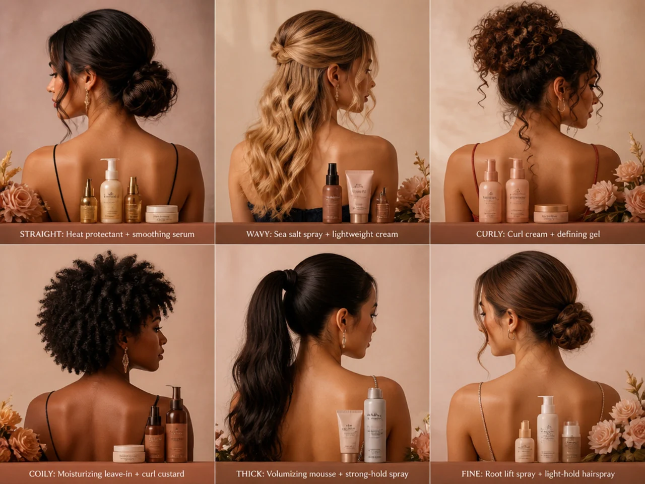 Products laid out for six different hair types