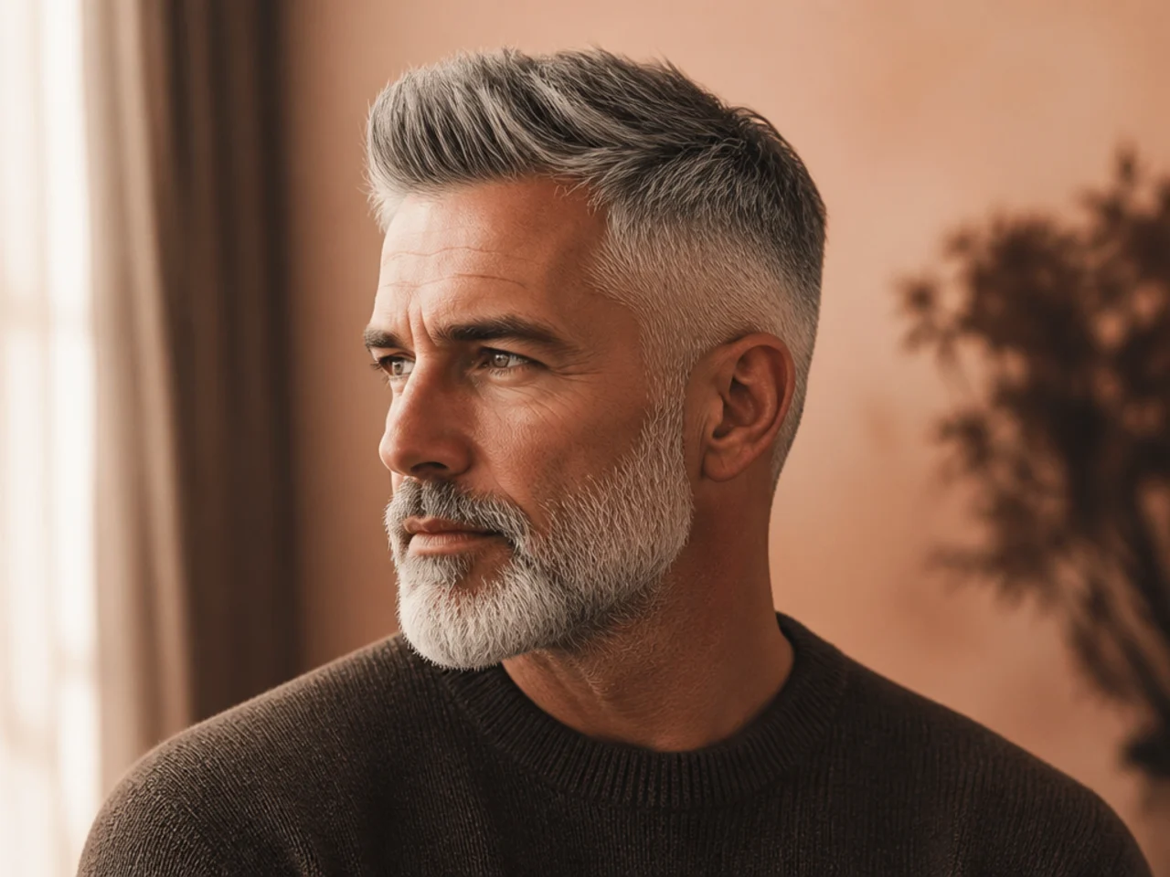 Grey hair and a matching grey beard