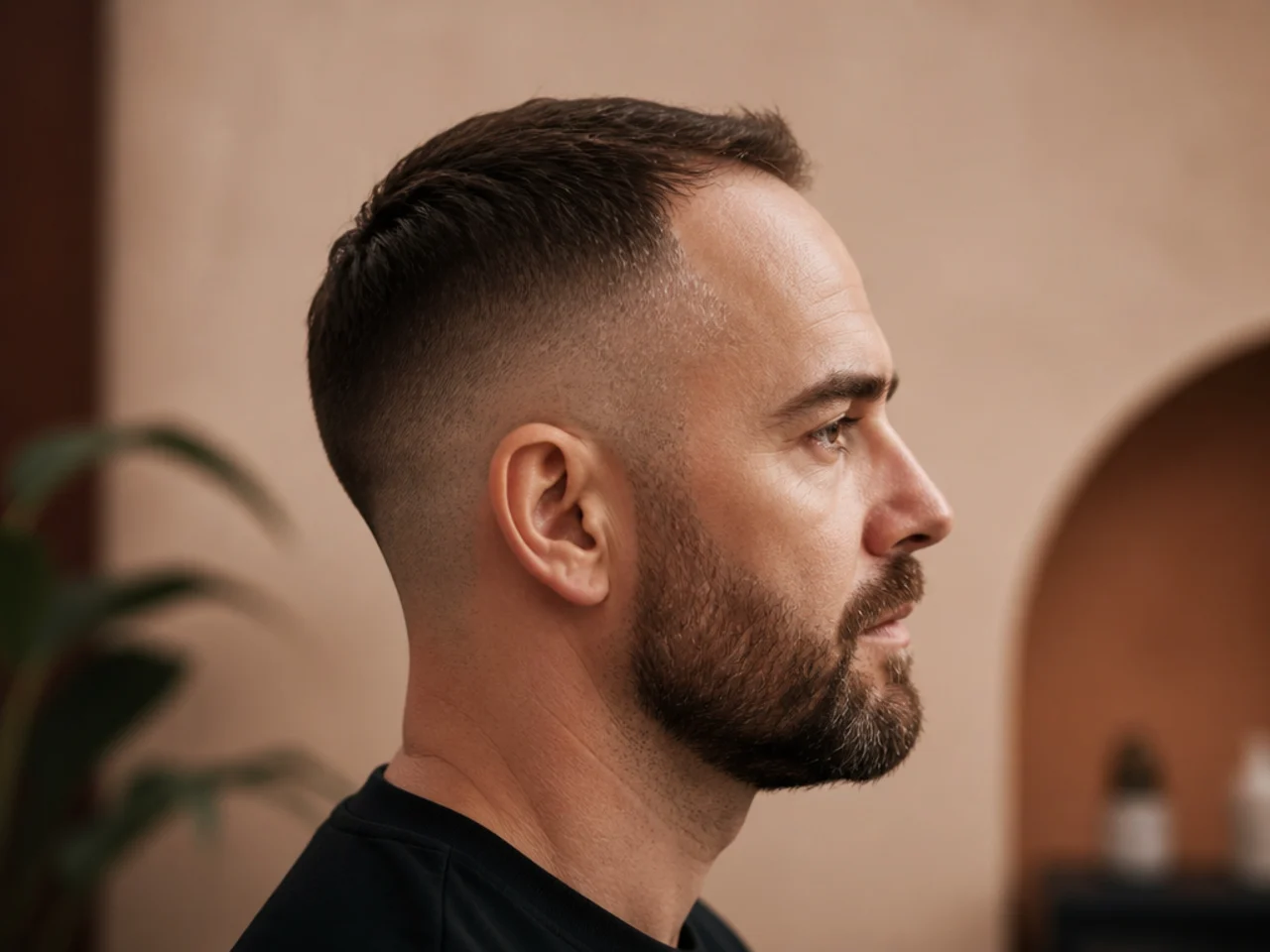 A short cut on a receding hairline with a beard