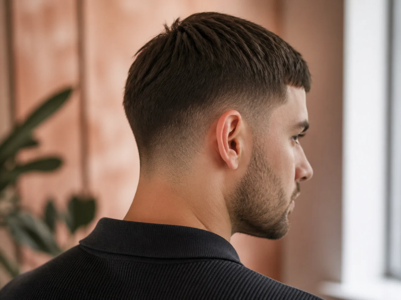 A Caesar cut with stubble