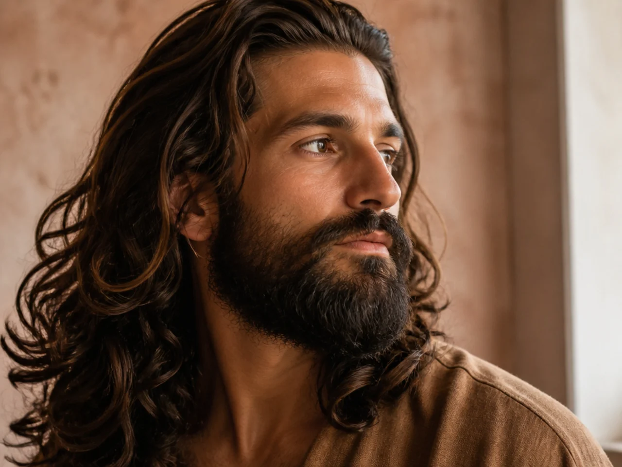 Long hair worn with a full beard