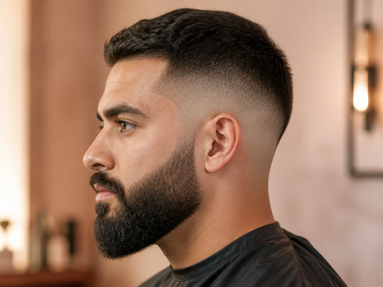 A skin fade worn with a full beard