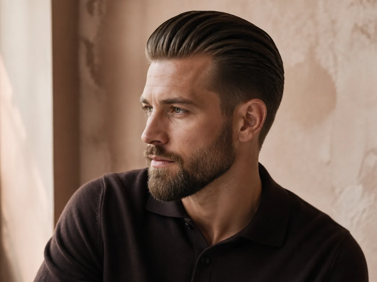 A slick back haircut with a short beard