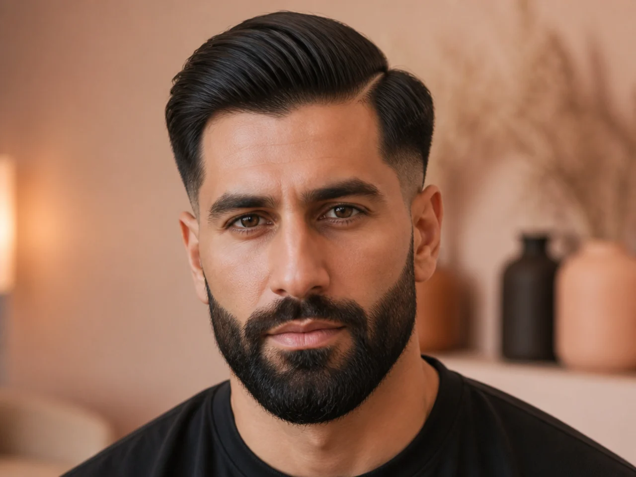 A side part with a boxed beard