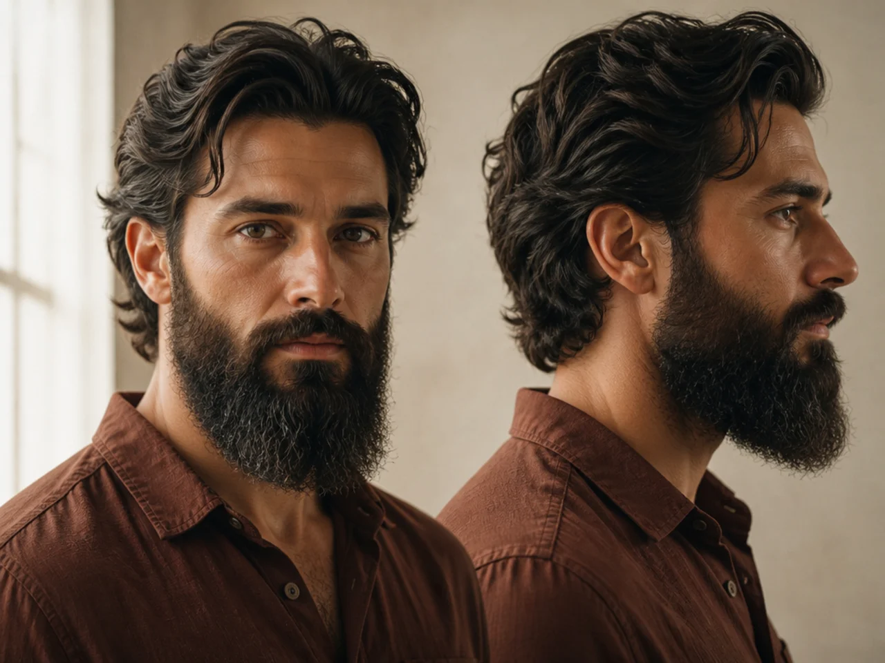 Medium-length hair with a long beard