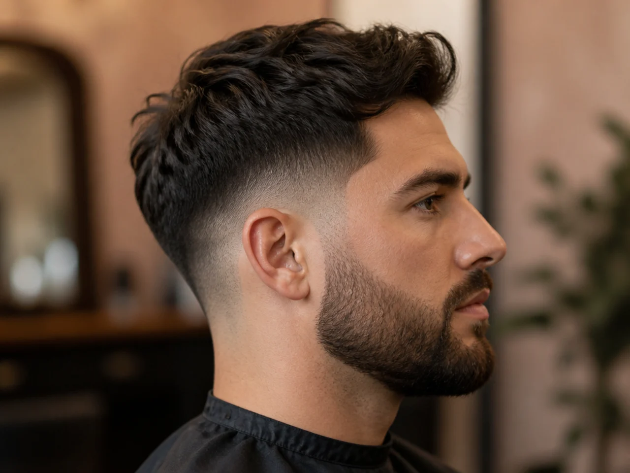 A mid fade connected into a beard