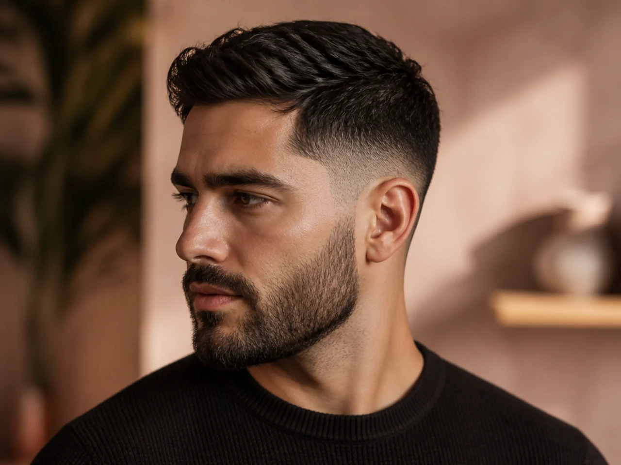 Three-quarter view of a haircut worn with a beard