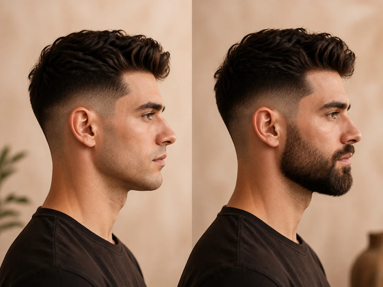 A face outline shown clean-shaven and with a full beard