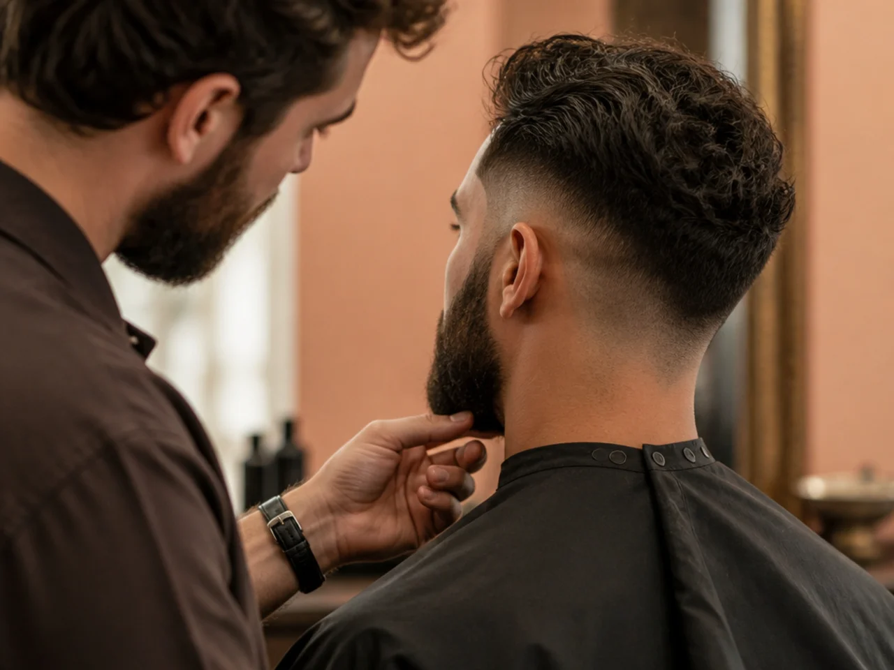 A barber assessing proportion between a beard and a haircut
