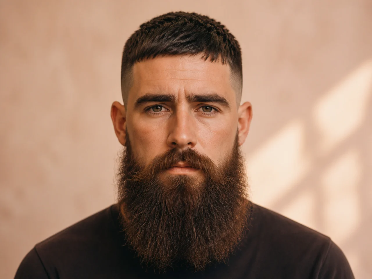 A short cut looking compressed above a long beard