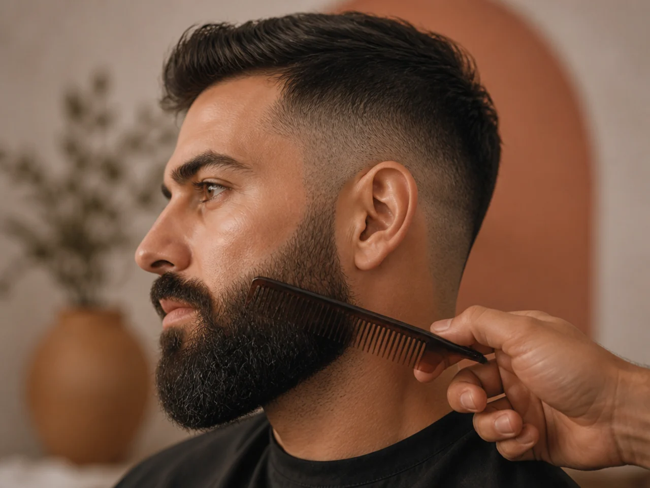 A beard being combed beside a freshly cut taper