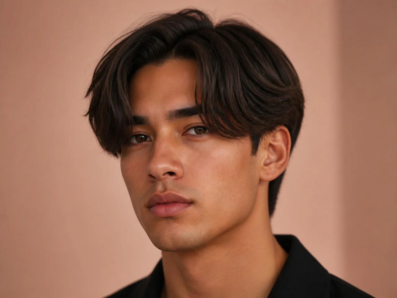 Blunt-edge curtain bangs on a young man — clean straight-cut ends parted center with no visible internal layering at the fringe