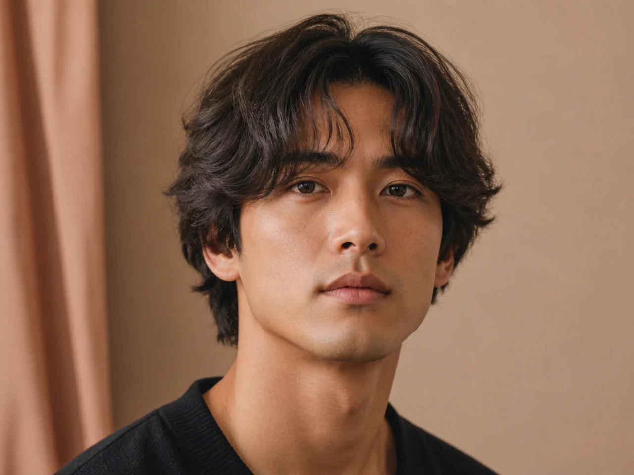 Cloud curtain bangs on a young man — voluminous soft fringe with mid-shaft lift and airy panels
