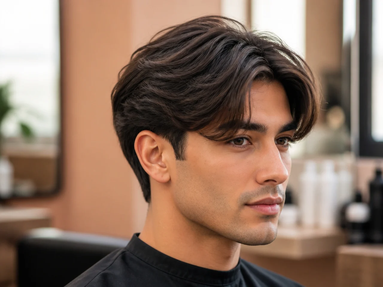 Curtain bangs paired with a blowout taper on a young man — voluminous center-parted fringe blown forward and up over tapered sides