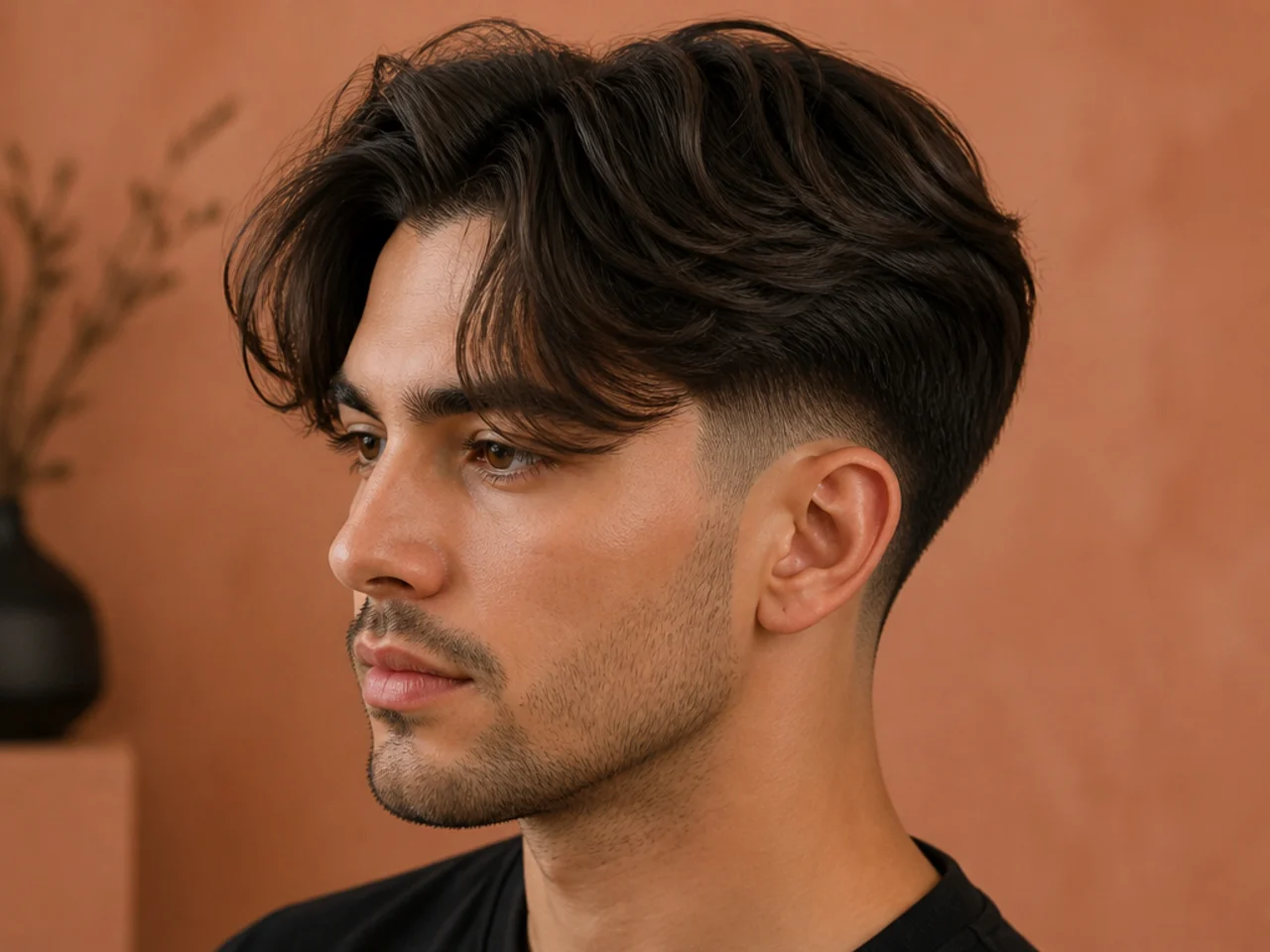 Curtain bangs paired with a burst fade on a young man — center-parted fringe over a fade radiating around the ear