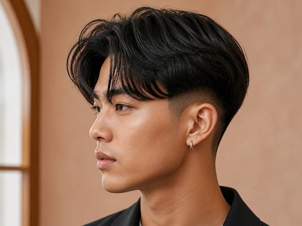 Curtain bangs paired with a drop fade on a young man — center-parted fringe over a fade that curves down behind the ear