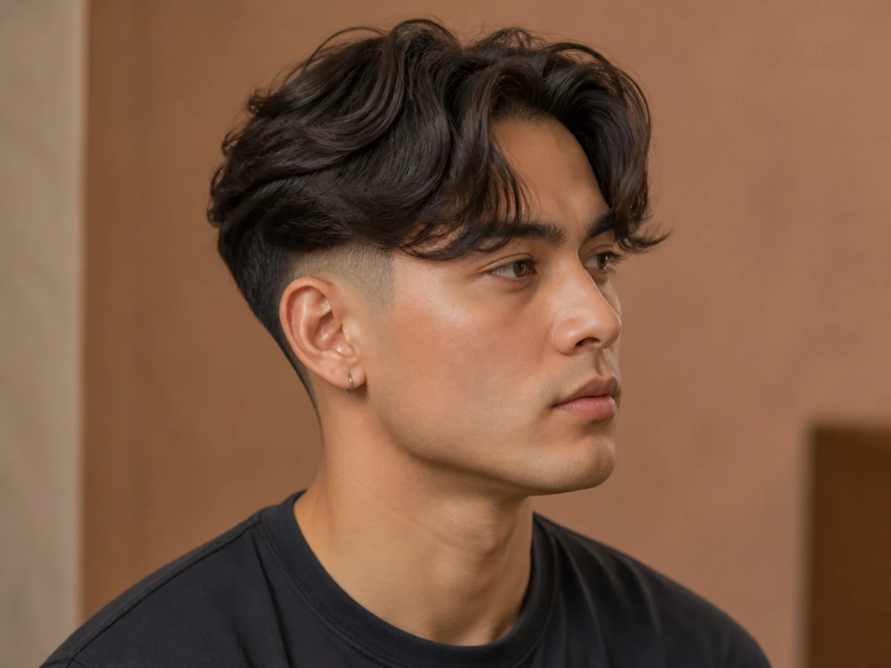 Curtain bangs paired with a mid fade on a young man — center-parted fringe over a fade starting at the temple