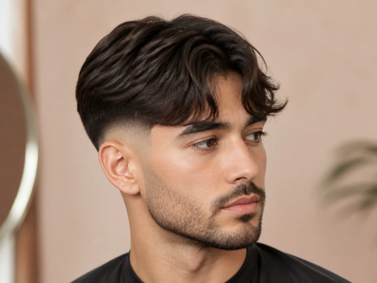 Curtain bangs paired with a mid skin fade on a young man — center-parted fringe over a fade that goes to skin at the temple