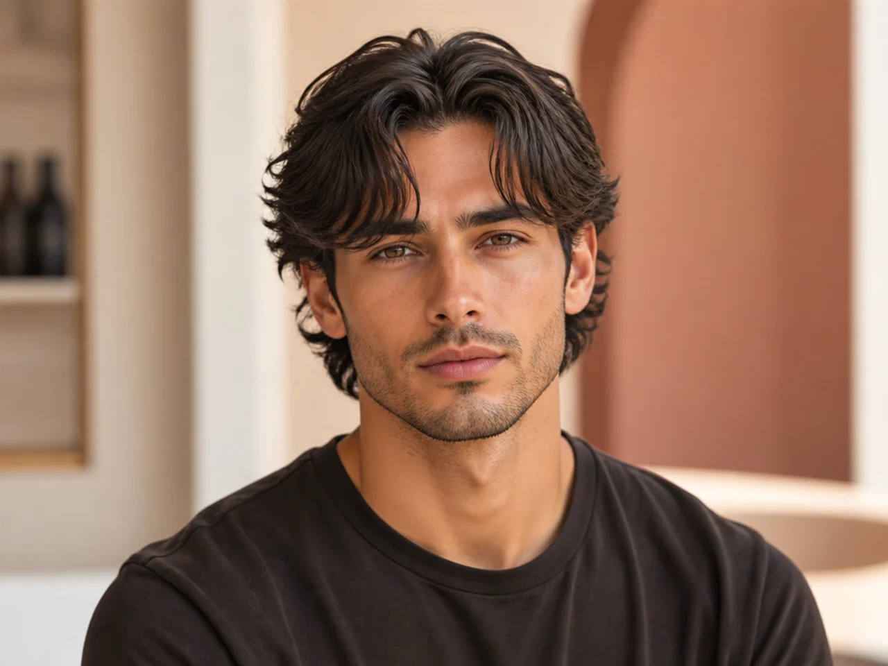 Curtain bangs with a heavily textured crown on a young man — center-parted fringe over a choppy point-cut top