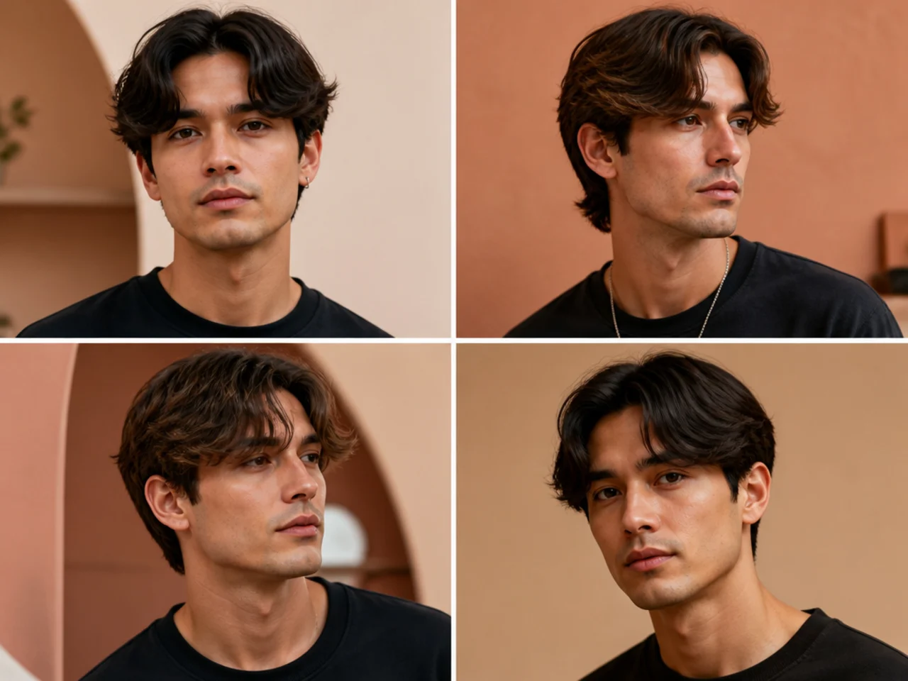 Everyday fresh curtain bangs on a young man — soft four-inch center-parted fringe over a subtle low fade with matte finish
