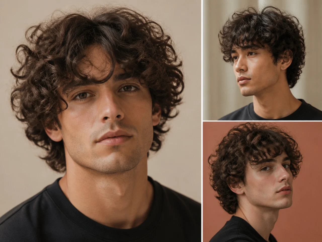 Broccoli-curtain hybrid on a young man — fluffy curled crown with center-parted fringe softly splitting the forehead