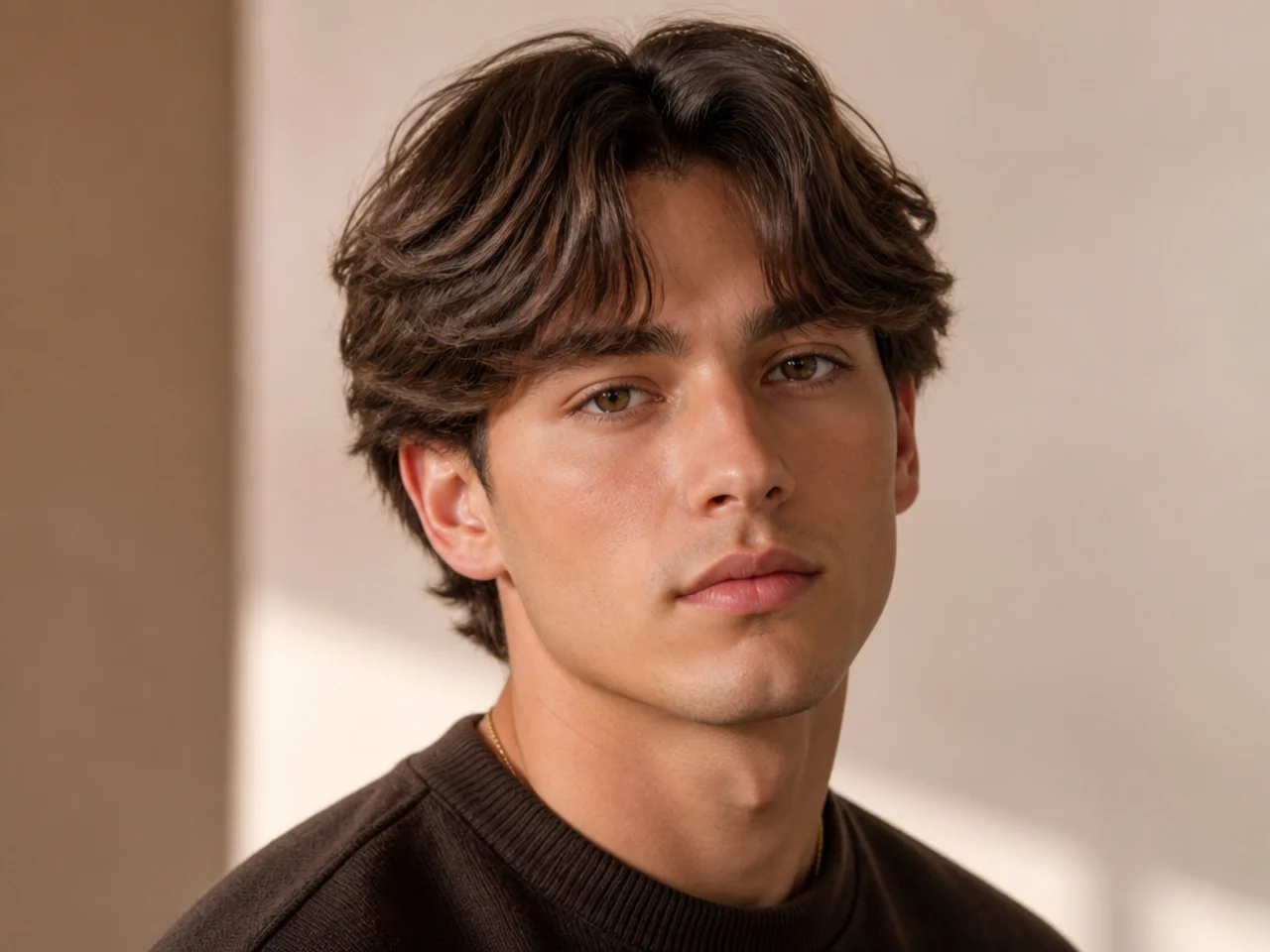 Baby curtain bangs on a young man with a very short center-parted fringe grazing the eyebrows and a cropped top