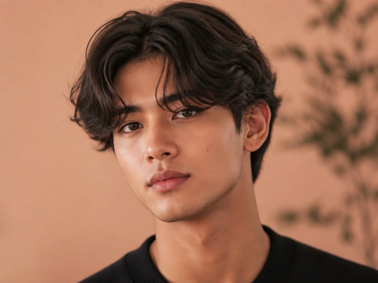 Boyband curtain bangs on a young man — soft flowy medium-length hair with a center part and panels reaching past the cheekbones