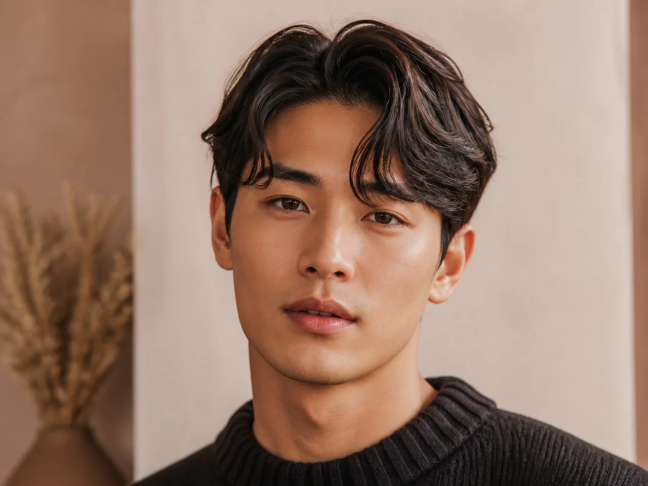 Comma curtain bangs on a young Asian man — center-parted fringe with the tips curling inward in a comma shape at the cheekbones