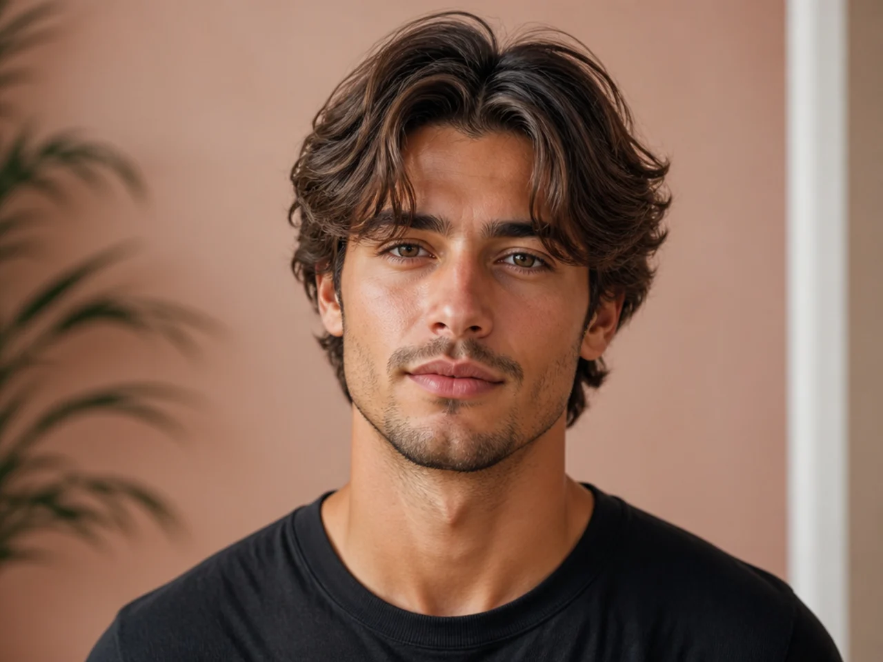 Fresh middle-part curtain bangs on a young man — precise center part with two clean matched panels of feathered length