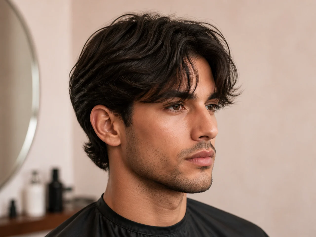 Micro-feathered curtain bangs on a young man — finely slide-cut fringe with delicate strand separation