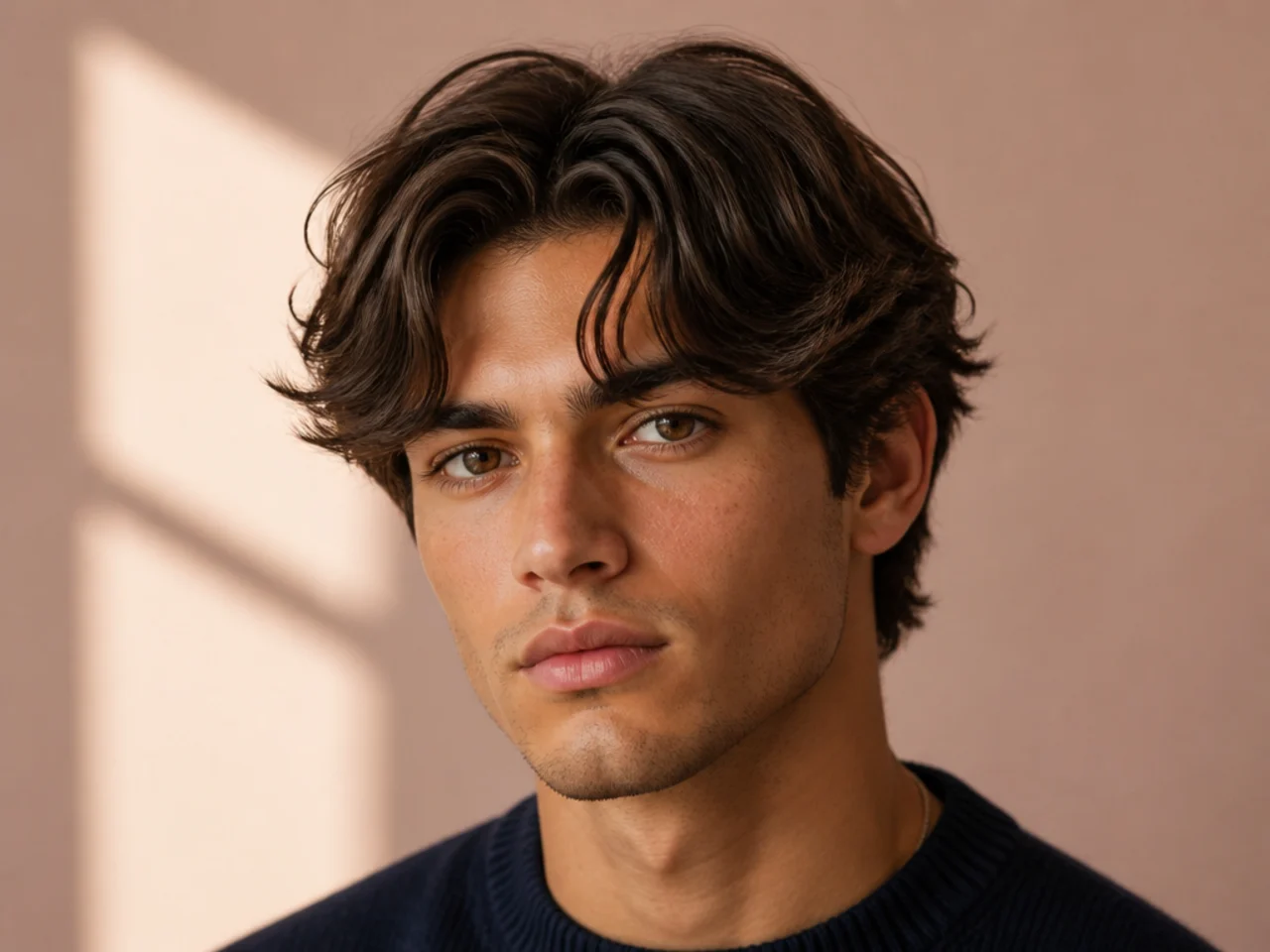 Preppy curtain bangs on a young man in a knit sweater — polished center-parted fringe with a clean scissor blend and no fade