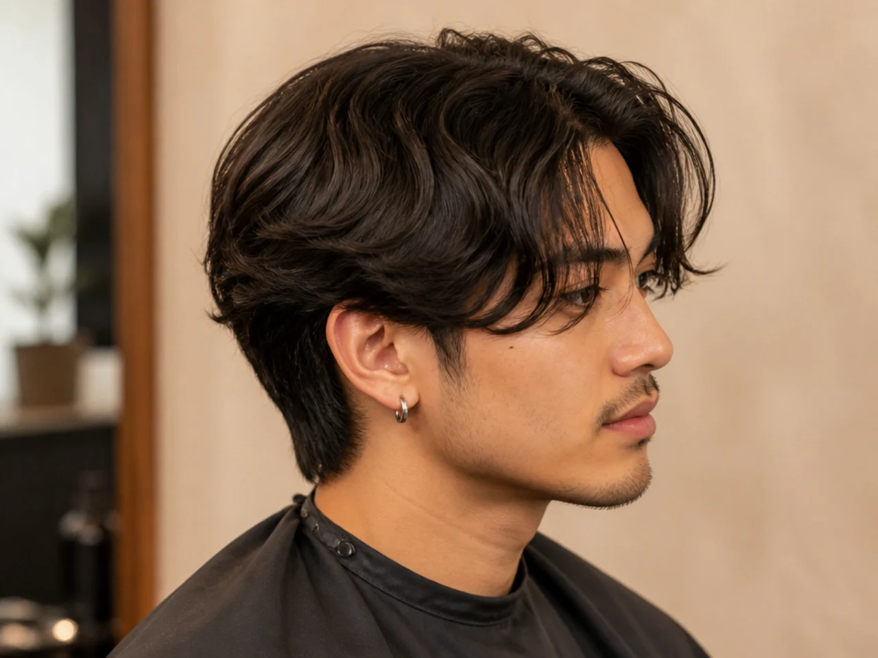Flat-lay of styling essentials for fresh curtain bangs — matte cream, sea-salt spray, wide-tooth comb, round brush, microfiber towel