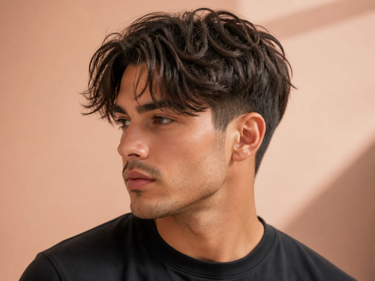 Textured crop curtain bangs on a young man — cropped point-cut top with a shorter center-parted fringe