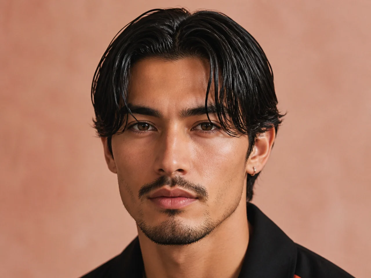 Wet-look slick curtain bangs on a young man — glossy center-parted fringe with high-shine finish