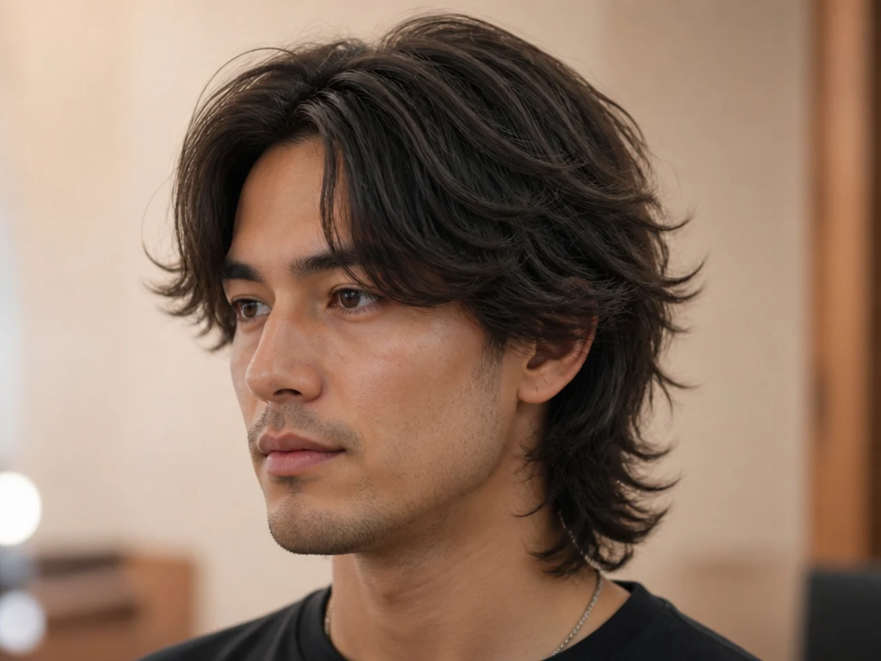 Wolf-cut curtain bangs on a young man — shaggy layered length with a center-parted fringe framing the face