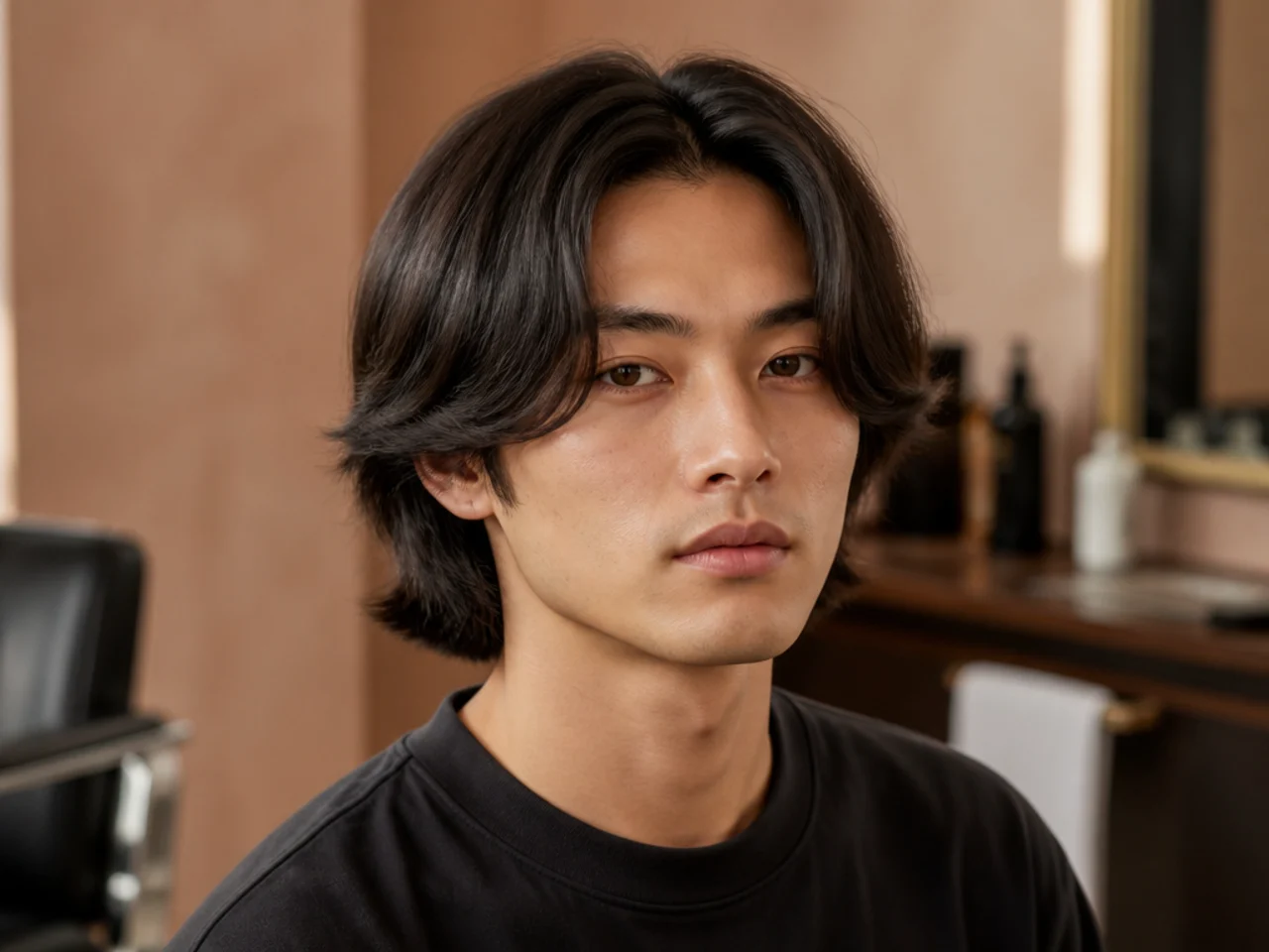 Straight hair middle part with blunt jaw-length curtains styled DiCaprio 90s