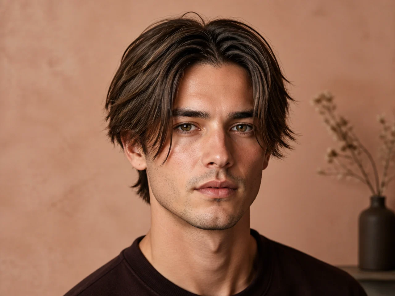 Middle part with point-cut textured ends and choppy layers on straight brown hair
