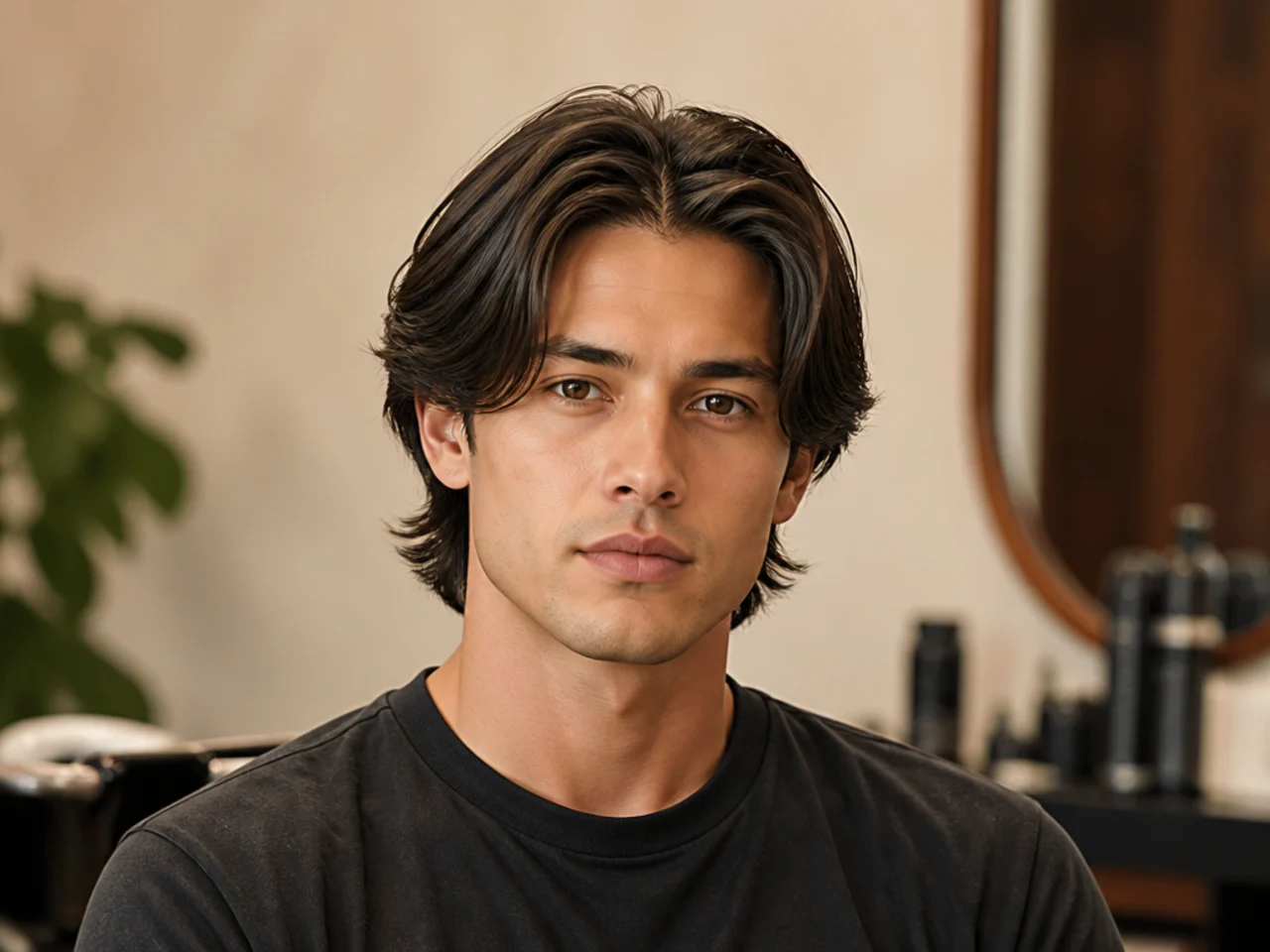 Straight bro flow with a natural center split on medium-length hair