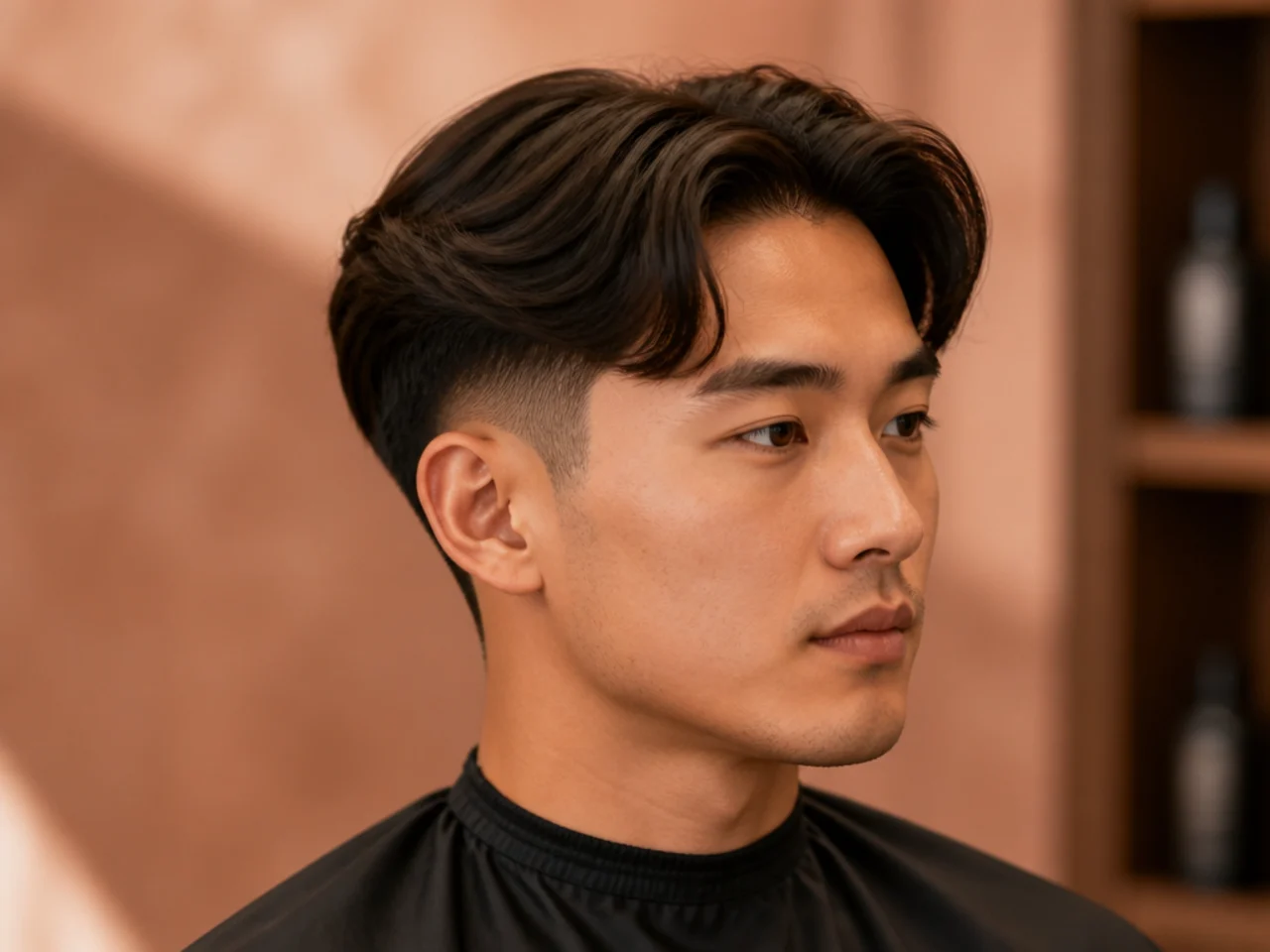 Middle part on straight hair with a low drop fade curving behind the ear