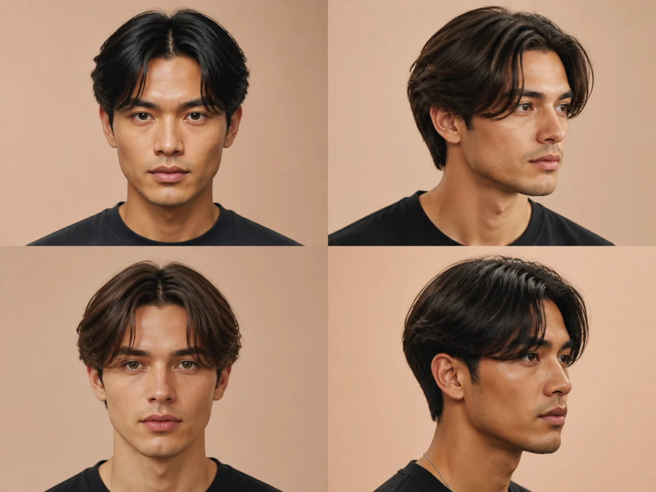 Middle part with soft comma-shaped fringe curving across the forehead on straight hair