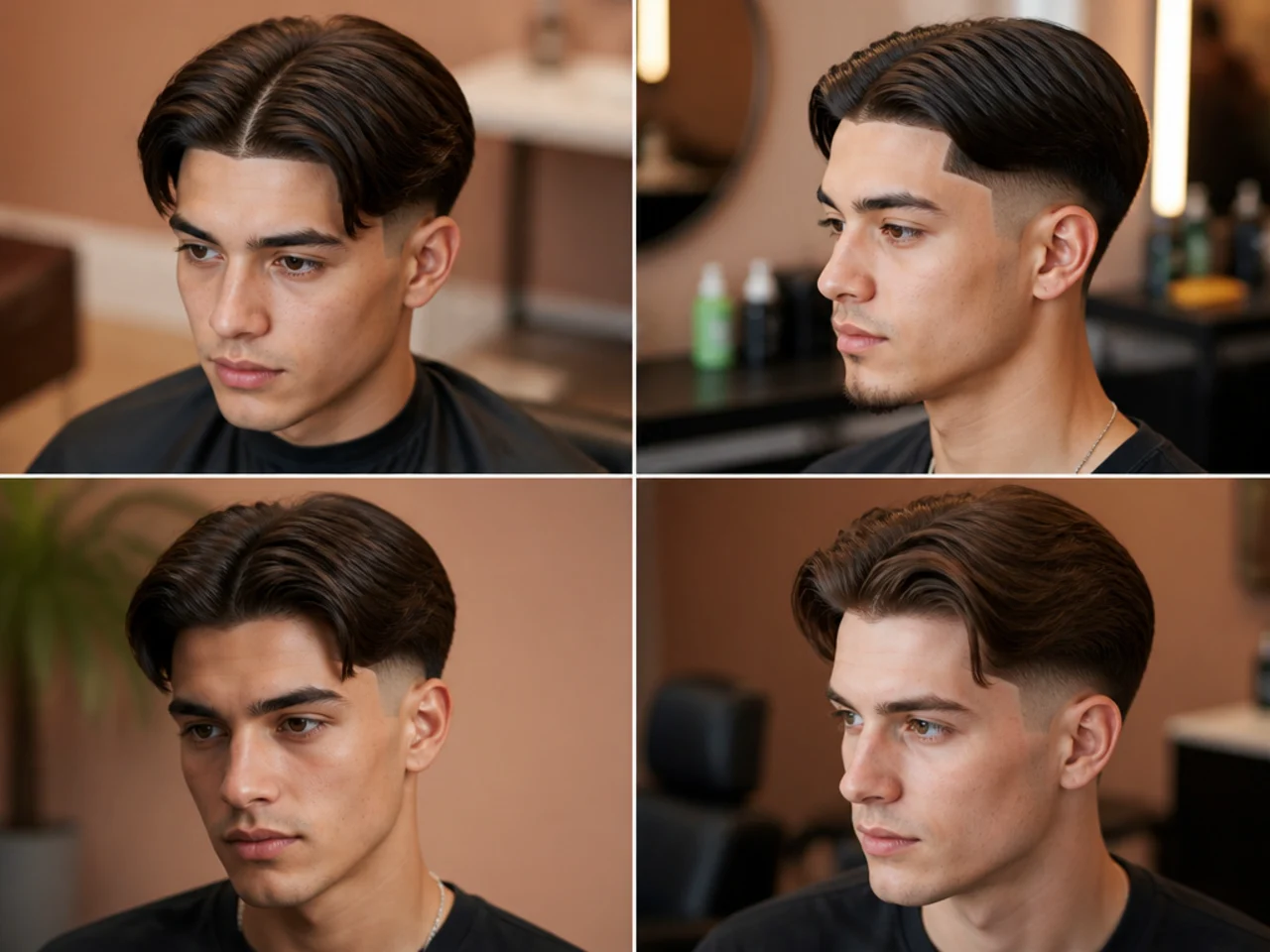 Middle part with a sharp razor line-up at the forehead and temples on straight hair