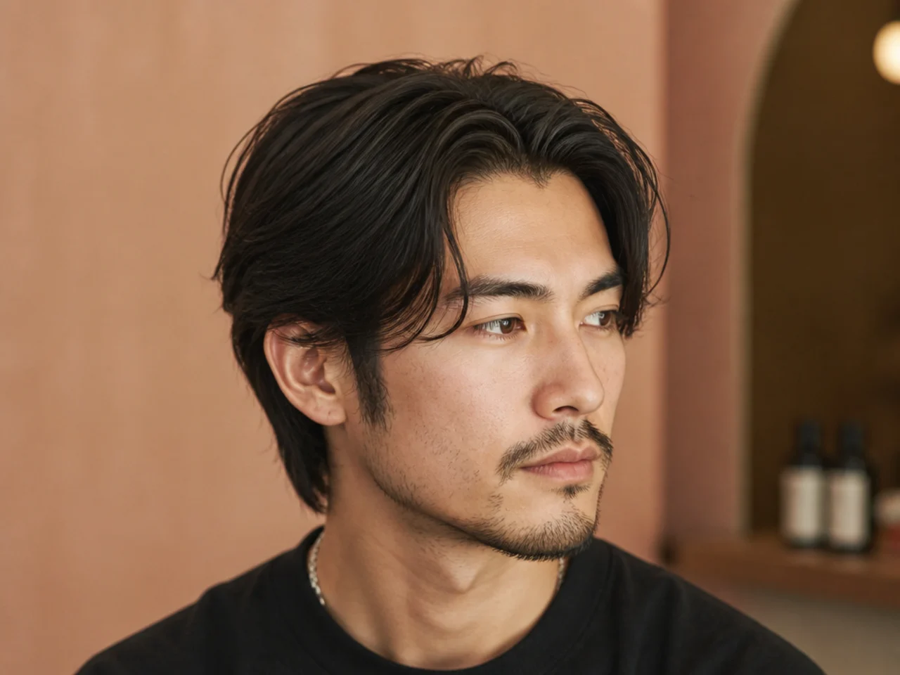 Grown-out middle part on straight hair with wispy sideburns and ear-length side pieces