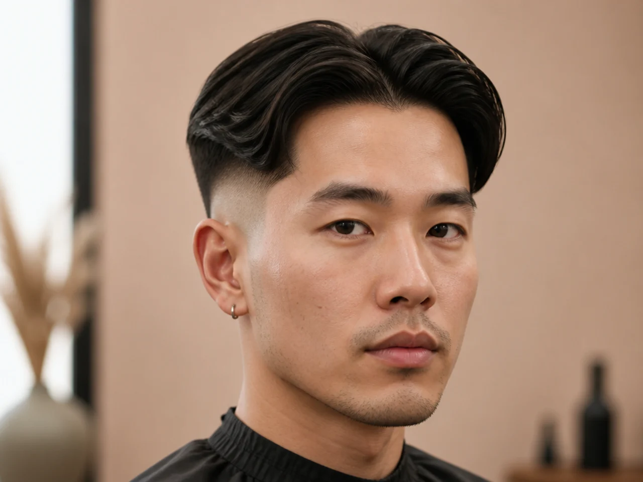 Middle part on straight hair with a bald skin fade at the sides for maximum contrast