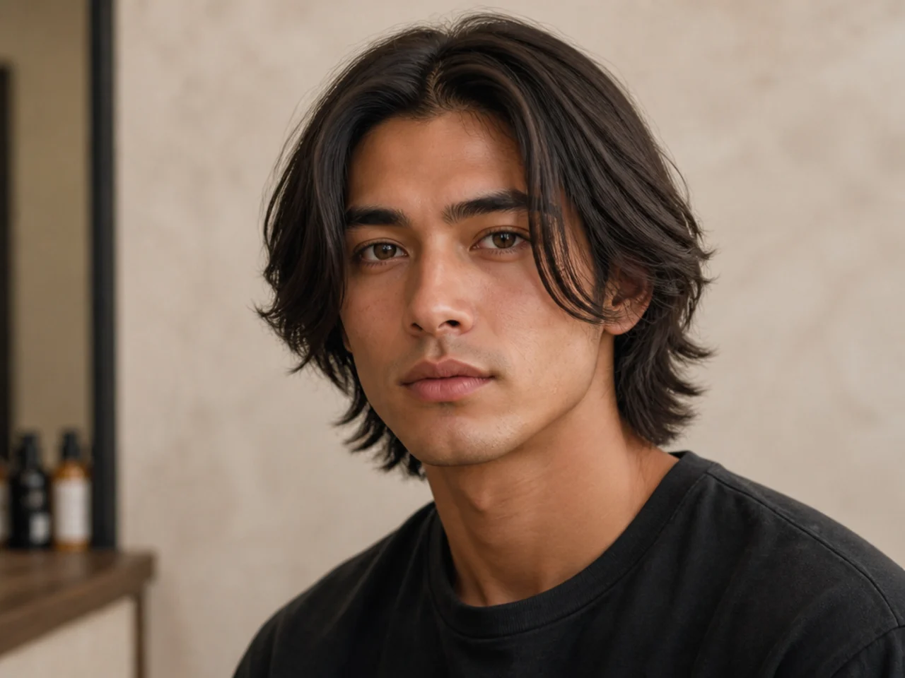Layered shag middle part on straight hair with heavy internal texture and connected sides