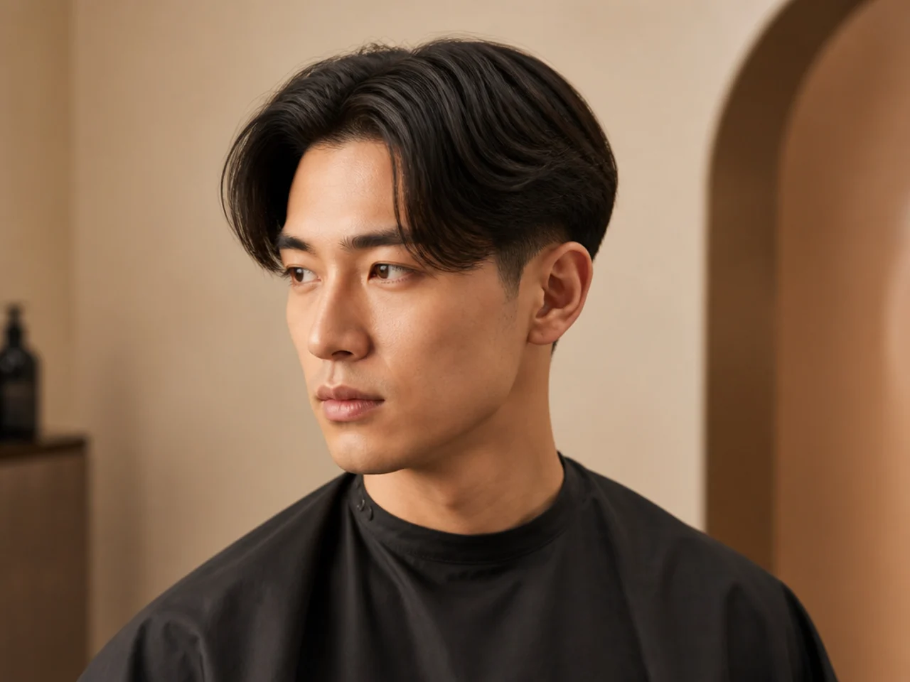 Middle part with a clean low taper fade at the sides and straight brown curtains on top