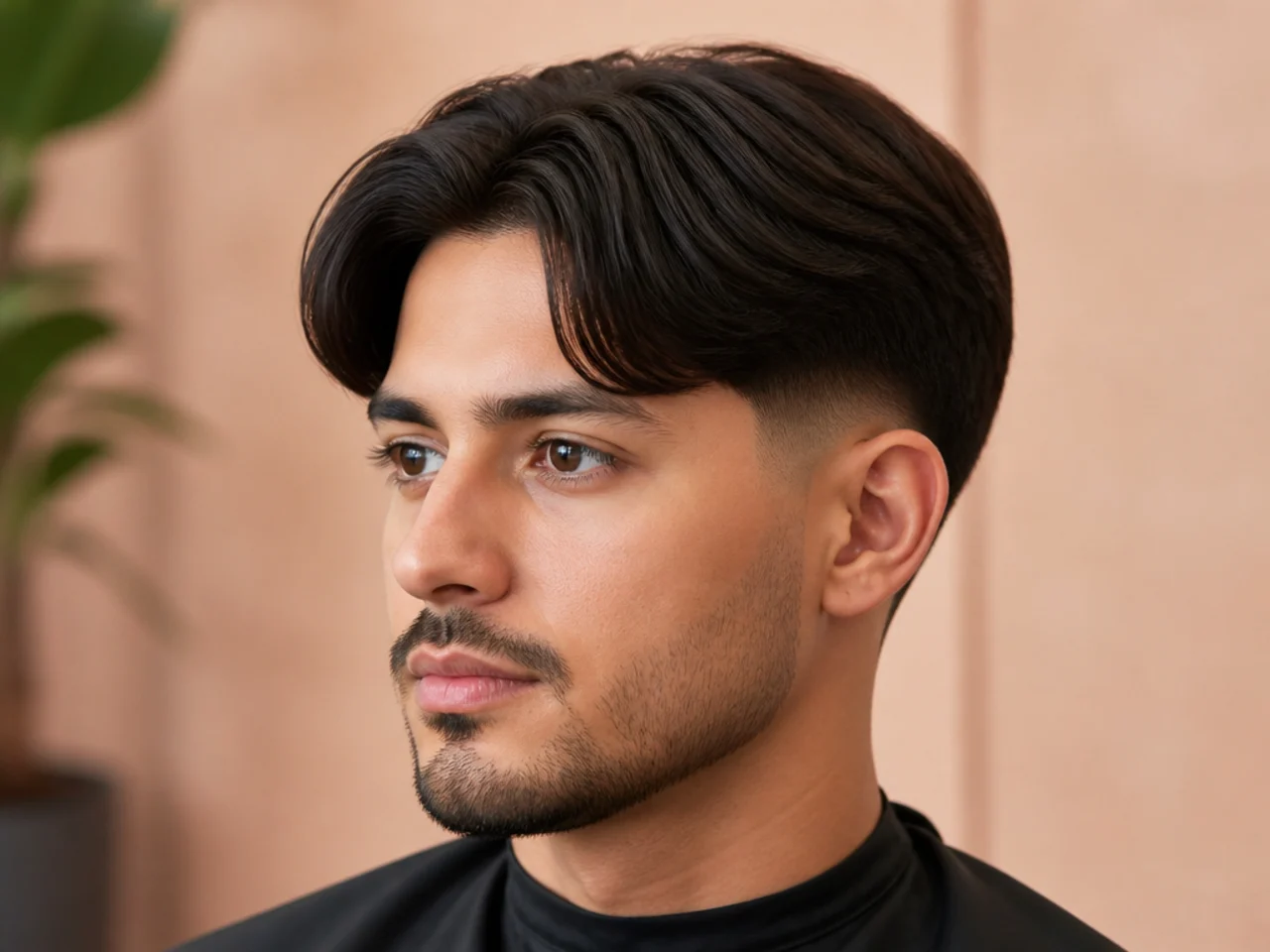 Middle part with a sharp mid fade at the temple on straight dark hair