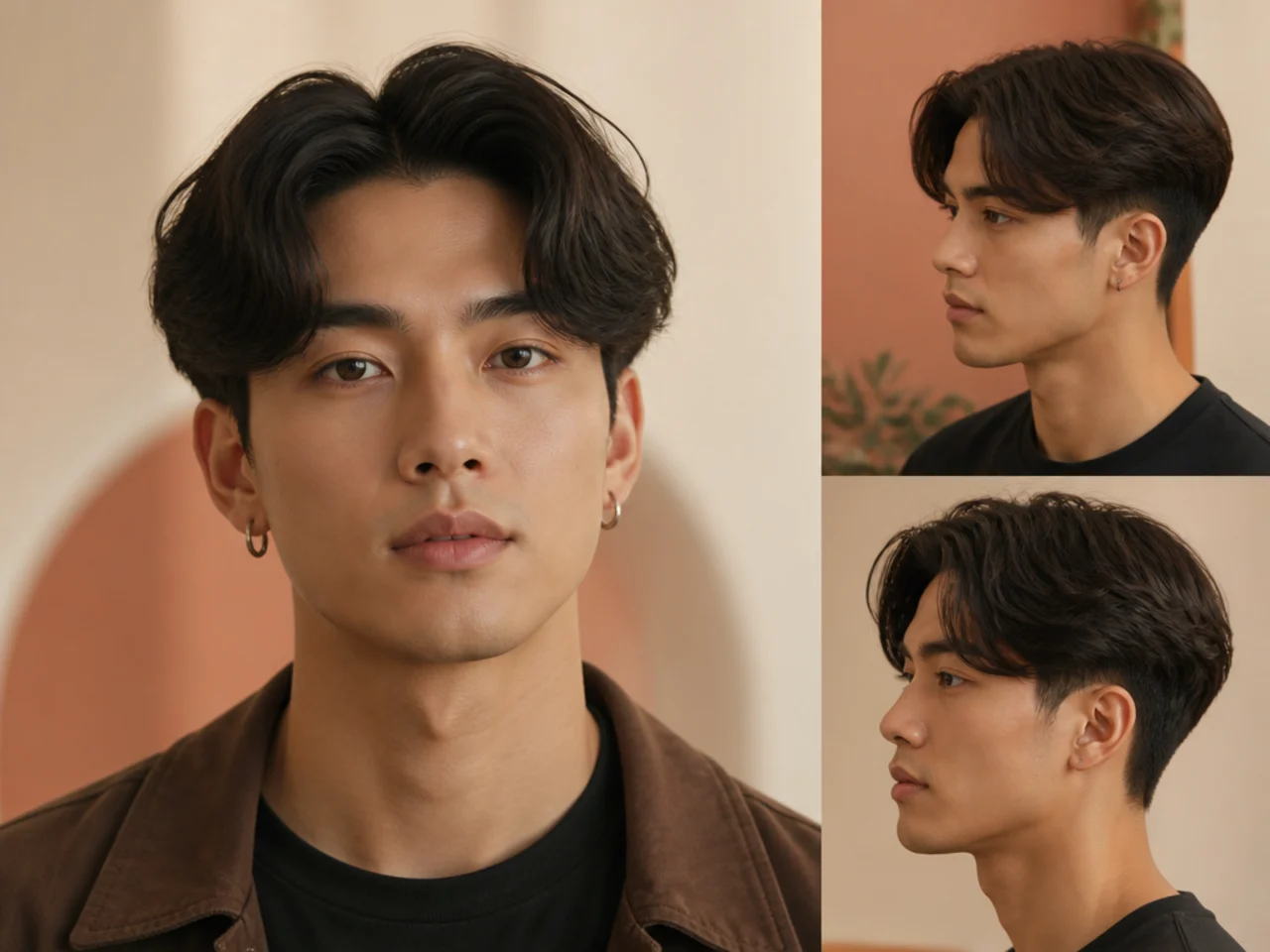 Korean two block haircut with a straight middle part and hidden clippered lower block