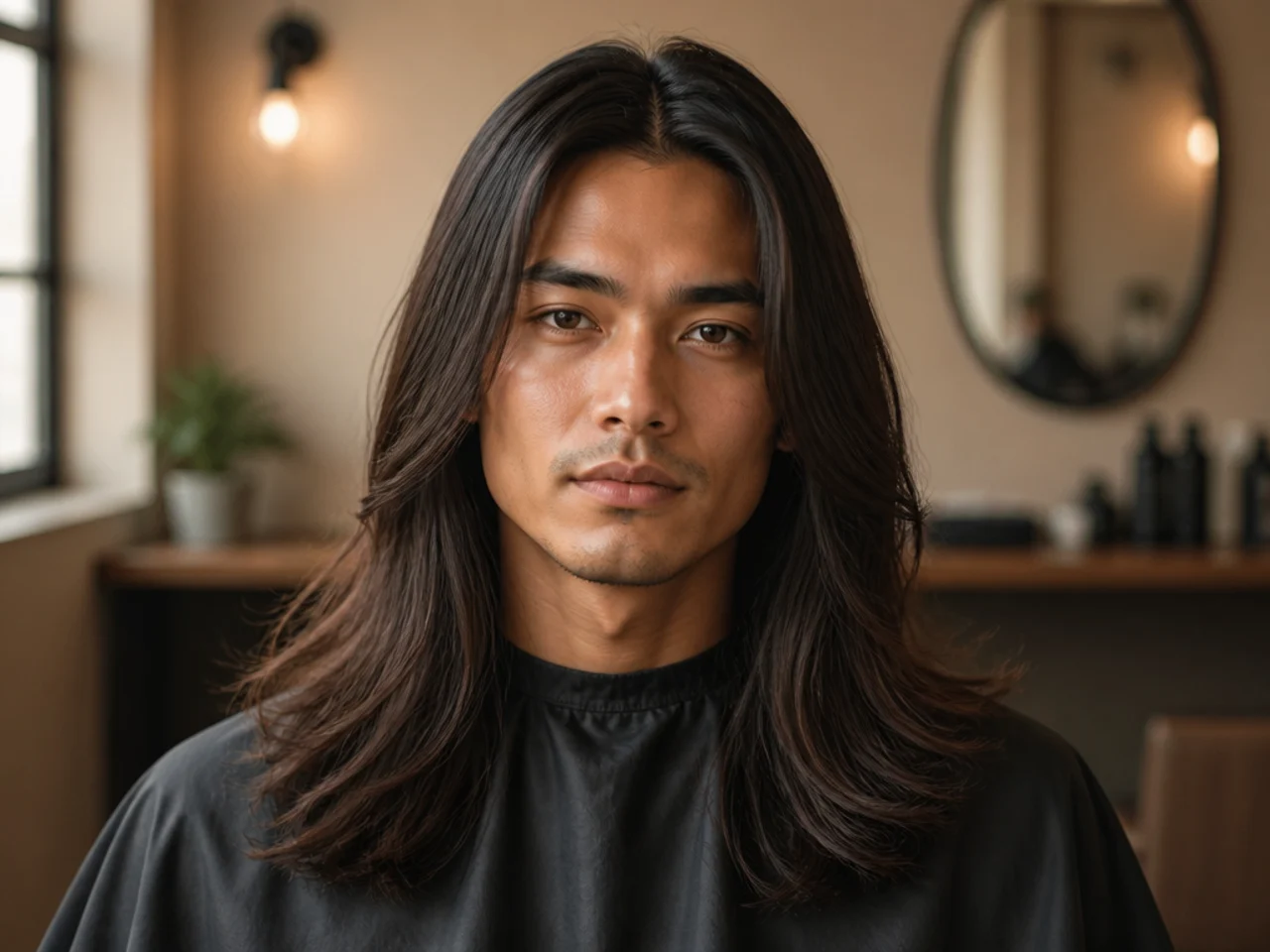 Long middle part flow on straight brown hair falling past the chin with connected sides