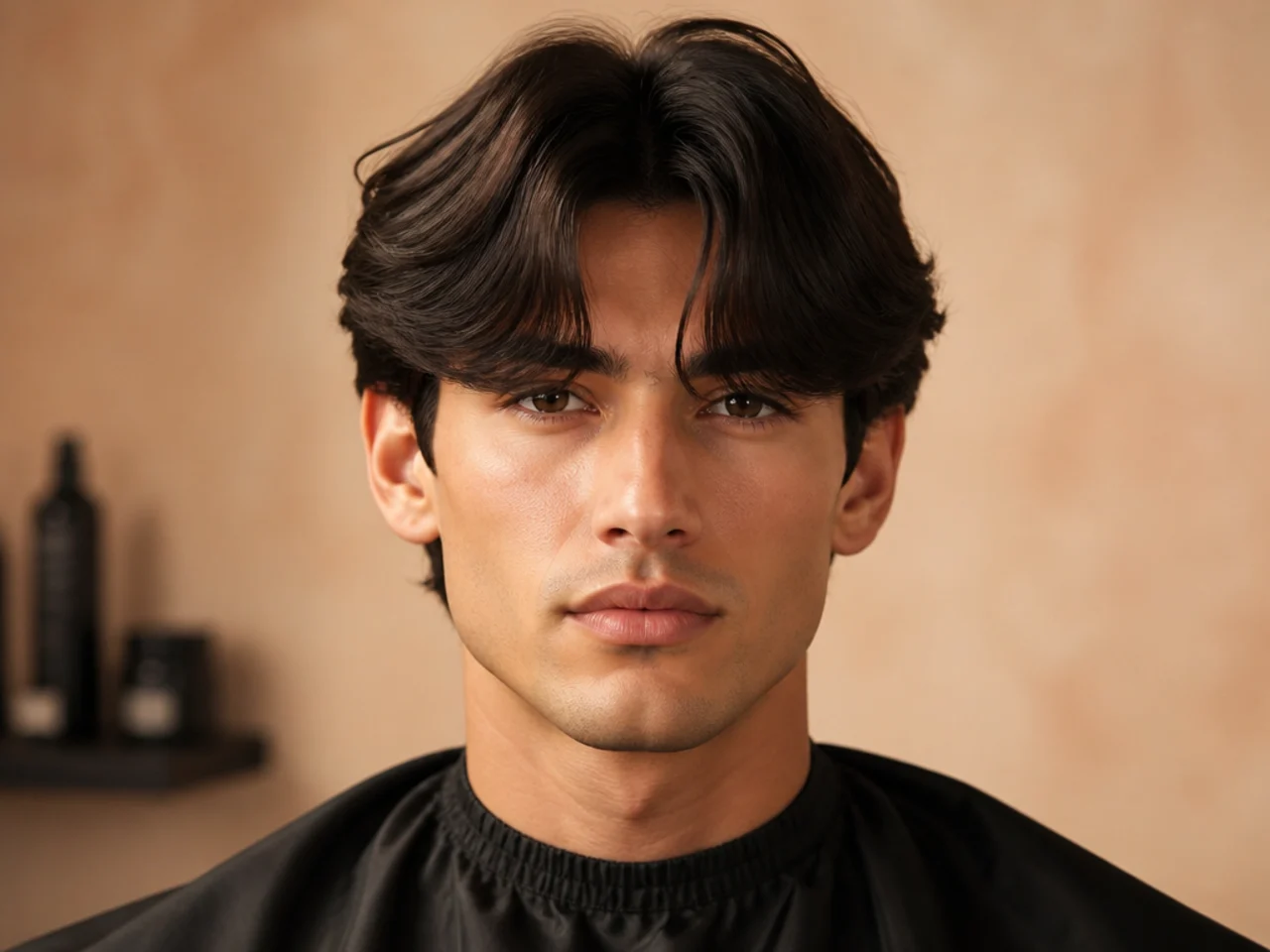 Middle part curtain fringe cut to brow length on straight dark hair